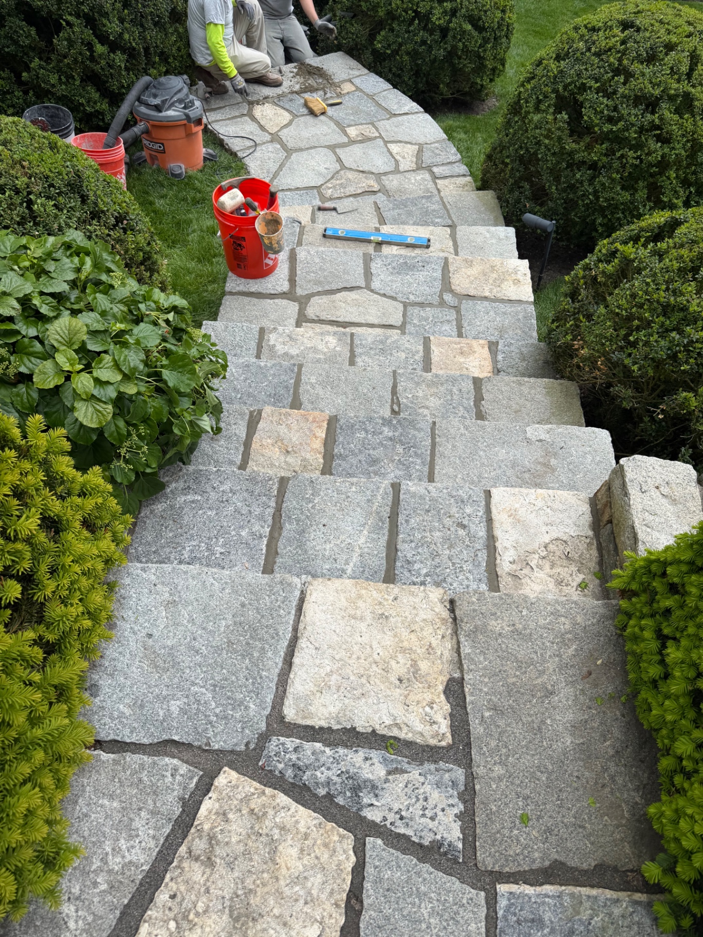 Stone steps and flagstone landing winding through landscape